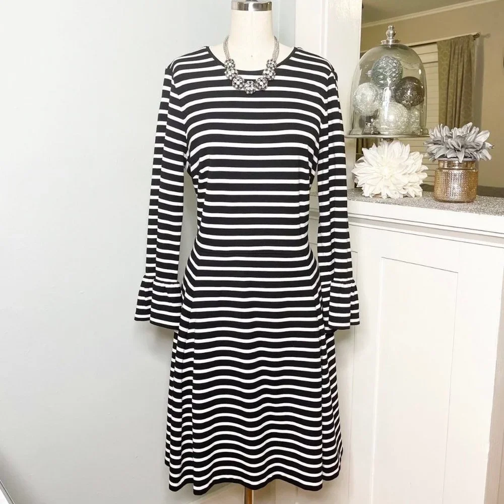 Kate Spade Broome Street Black & White Stripe Fit & Flare Dress Large